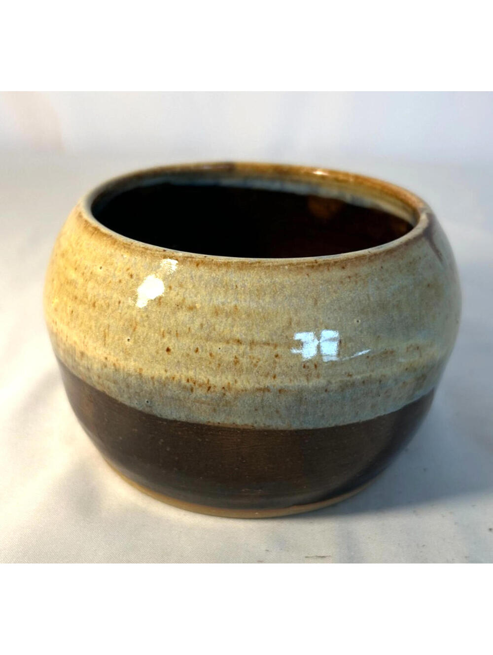 Vintage Studio Pottery Stoneware Bowl Two Tone Brown Drip Glaze Rustic Decor